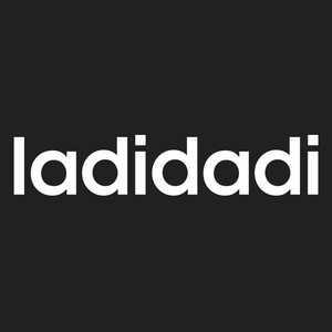 Close up picture of ladidadi written in white Adidas style font on a black background