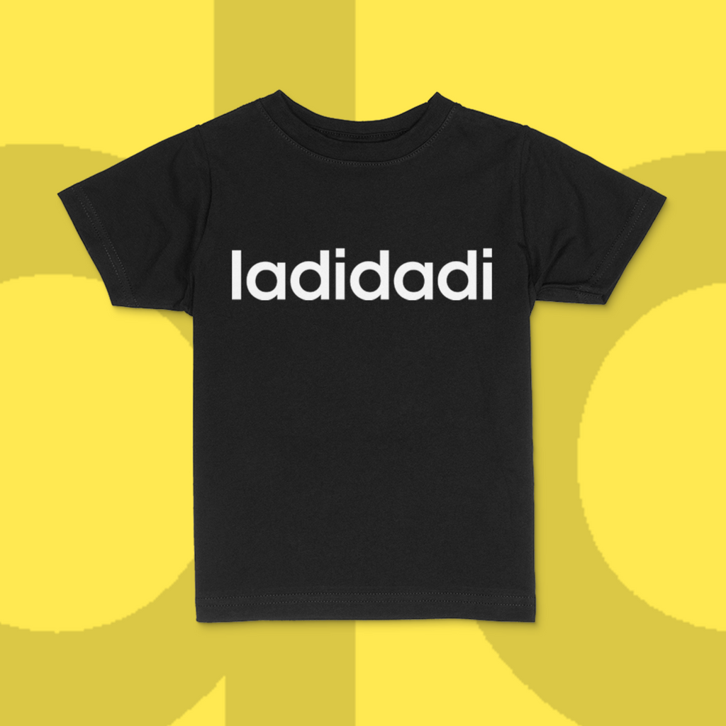 Black short sleeve tshirt with Ladidadi written in Adidas style font